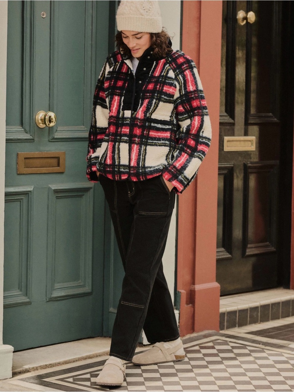 Zara Cream, Black & Pink Plaid Sherpa Jacket